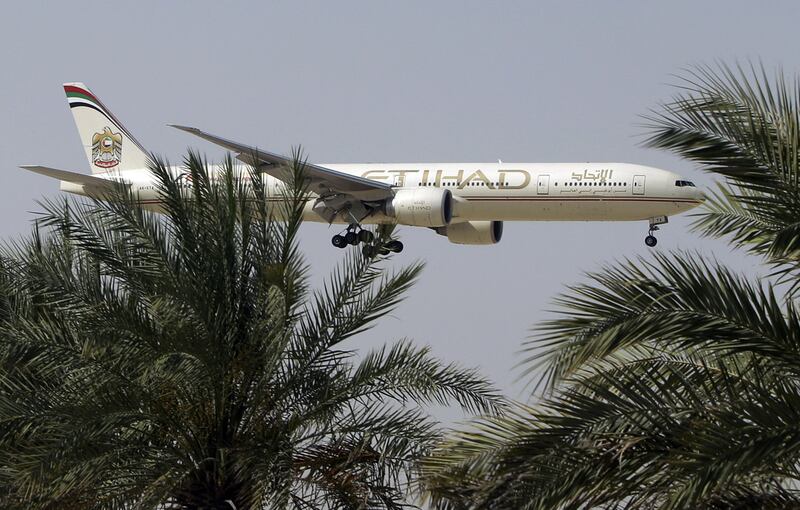 An Etihad Airways plane prepares to land at Abu Dhabi airport. Three of the main Gulf airlines are engaged in a dispute with US airlines over competition. (AP Photo/Kamran Jebreili)