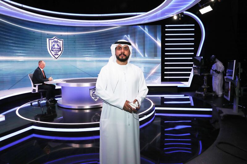 Emirati football commentator Abdullah Al Saadi during his guest appearance on The UAE Football Show. Pawan Singh / The National 