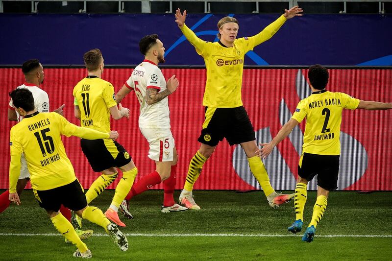 Dortmund's Erling Haaland celebrates after scoring to make it 2-0 against Sevilla. EPA