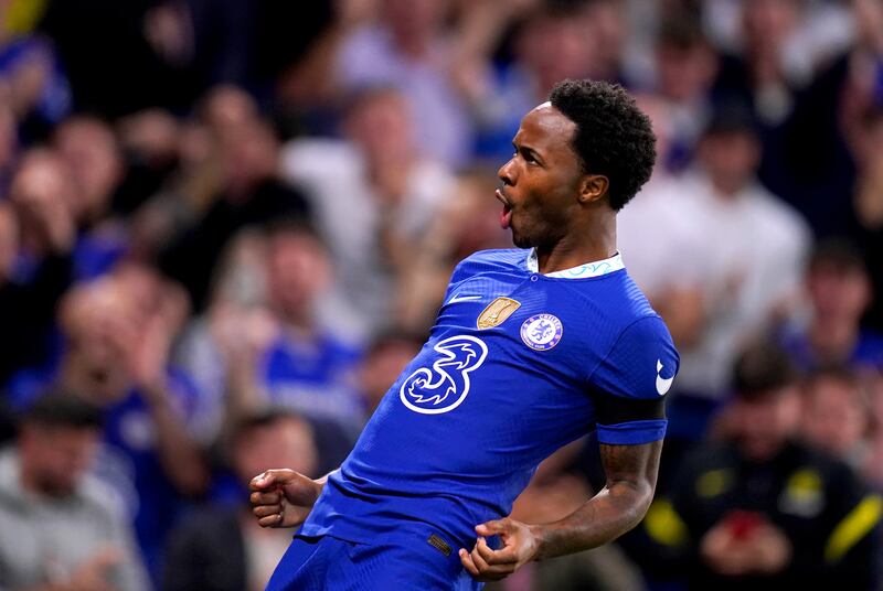 Chelsea's Raheem Sterling celebrates scoring in their Champions League draw with RB Salzburg at Stamford Bridge on Wednesday, September 14, 2022. PA