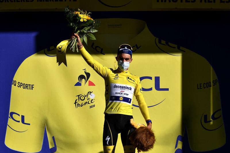 Deceuninck-Quick Step rider Julian Alaphilippe after retaining the yellow jersey. Reuters