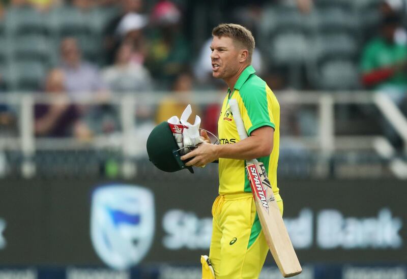 Cricket - South Africa v Australia - First T20 -  Imperial Wanderers Stadium, Johannesburg, South Africa - February 21, 2020   Australia's David Warner reacts as he walks off the pitch after his wicket is taken by South Africa's Dale Steyn   Action Images via Reuters/Mike Hutchings