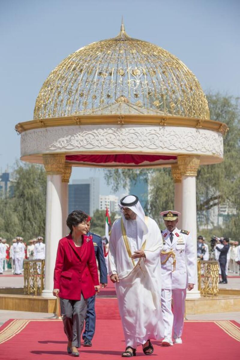 Sheikh Mohammed bin Zayed, Crown Prince of Abu Dhabi and Deputy Supreme Commander of the UAE Armed Forces yesterday met and held talks with South Korean president Park Geun-hye, who is on an official visit to the country. Ryan Carter / Crown Prince Court – Abu Dhabi