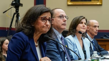 Columbia University president Nemat Shafik, left, and other university leaders attend the House committee hearing about on-campus hate. AFP