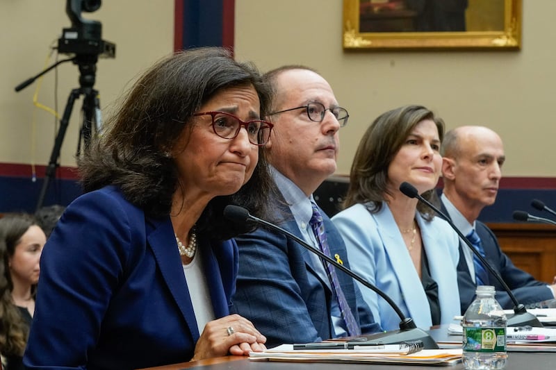 Columbia University president Nemat Shafik, left, and other university leaders attend the House committee hearing about on-campus hate. AFP