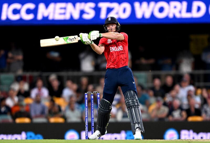 Jos Buttler hits the ball over the boundary for a six. Getty