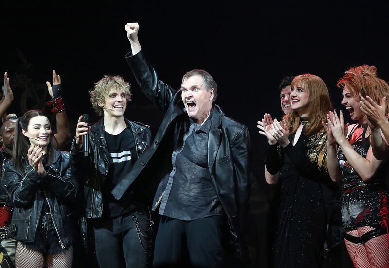 Meat Loaf, centre, joins the cast of the musical 'Bat Out of Hell' as a special guest, on Broadway in New York in August 2019. WireImage