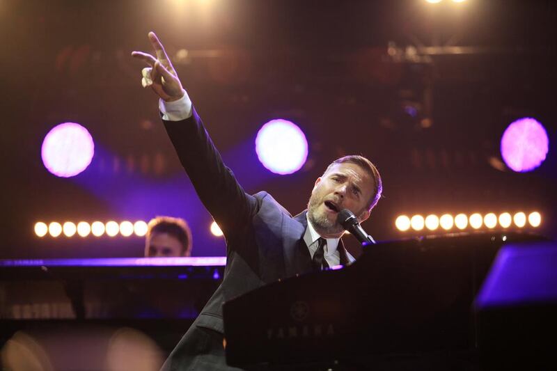 Gary Barlow performing at the Dubai Media City Amphitheatre on October 17, 2014. Sarah Dea / The National