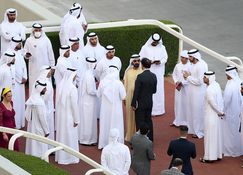 Sheikh Mohammed bin Rashid, Vice President and Ruler of Dubai, and Sheikh Hamdan bin Mohammed, Crown Prince of Dubai, at Meydan Racecourse for the Dubai World Cup. Chris Whiteoak / The National