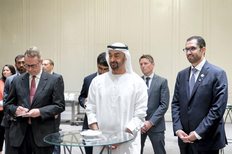 BERLIN, GERMANY - June 12, 2019: HH Sheikh Mohamed bin Zayed Al Nahyan, Crown Prince of Abu Dhabi and Deputy Supreme Commander of the UAE Armed Forces (C), meets with representatives of German companies from various sectors, in Berlin. Seen with HE Dr Sultan Ahmed Al Jaber, UAE Minister of State, Chairman of Masdar and CEO of ADNOC Group (R).

(Eissa Al Hammadi / For the Ministry of Presidential Affairs )