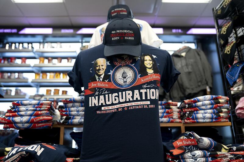 A Joe Biden-Kamala Harris inauguration t-shirt at a store ahead of the 59th Inaugural Ceremonies in Washington. Bloomberg