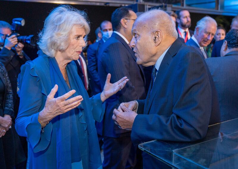 Queen Consort Camilla, then the Duchess of Cornwall, talks to Sir Magdi Yacoub in Giza, Egypt. Reuters
