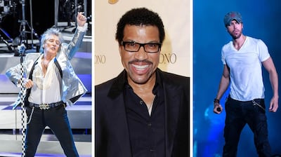 From left: Rod Stewart, Lionel Richie and Enrique Iglesias have all been confirmed for the Winter at Tantora festival line up in Al Ula, Saudi Arabia. AP, Getty Images