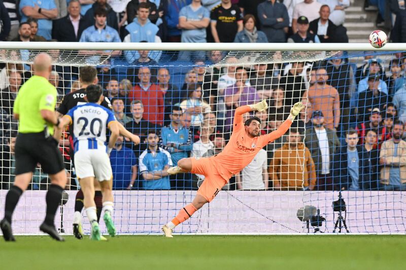 MANCHESTER CITY PLAYER RATINGS: Stefan Ortega - 6. Forced into a routine save by Gilmour in the eighth minute. Came off his line quickly to deny Mitoma in the 64th minute. No chance with Enciso's wondergoal.  AFP