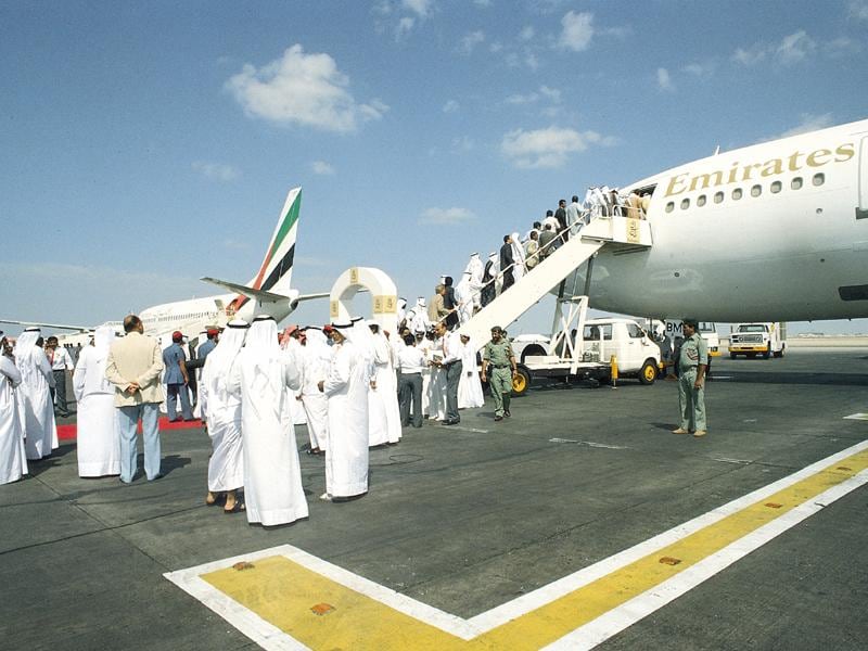 Guests board the first flight. It took off from Dubai to Karachi on October 25, 1985. Photo: Emirates