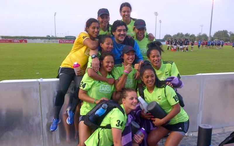 Diego Maradona gets a warm welcome from the New Zealand women's sevens team.  Pic courtesy of Wayne Marsters