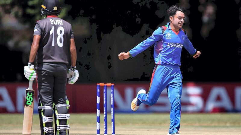 Rashid Khan of Afghanistan celebrates the wicket of Chirag Suri of The UAE during The Cricket World Cup Qualifier between The UAE and Afghanistan at The Old Hararians Ground on March 20, 2018 in Harare, Zimbabwe (Â©ICC)