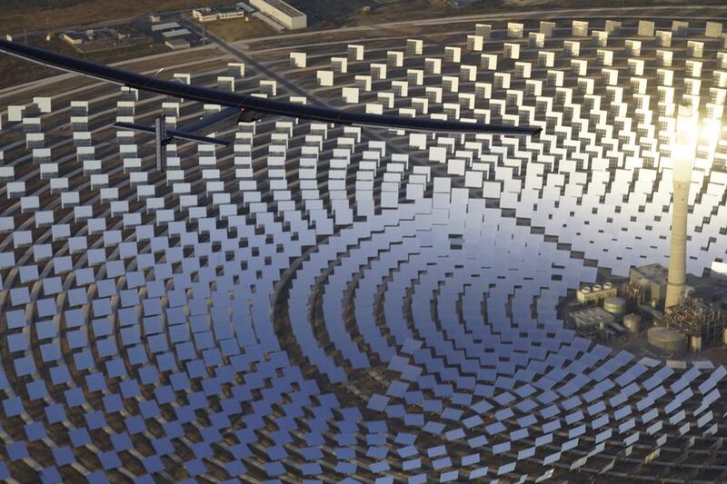 'Solar Impulse 2' passes over the Gemasolar thermosolar plant in Seville province, Spain, on its way to Cairo. The aircraft left Seville on July 11, 2016 for the flight of more than 48 hours.