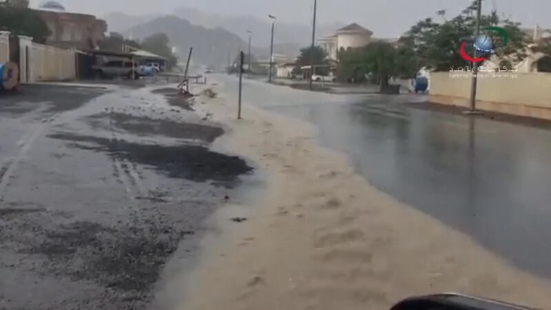 Roads fill with water in Marbad, an area of Masafi in Ras Al Khaimah. Courtesy: National Centre of Meteorology