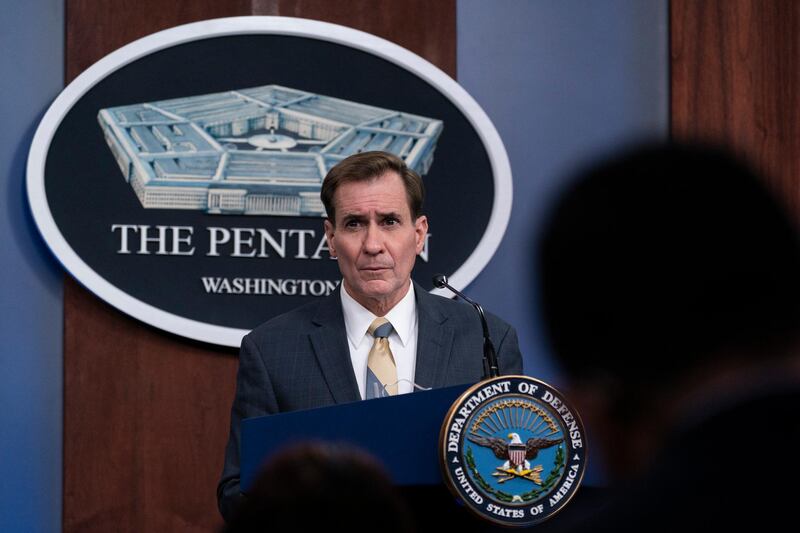 Pentagon spokesman John Kirby speaks during a media briefing at the Pentagon, Monday, Feb. 8, 2021, in Washington. (AP Photo/Alex Brandon)