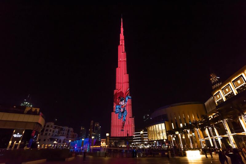 Superman display projected onto the Burj Khalifa. Courtesy Warner Bros. World Abu Dhabi