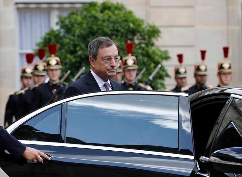 The President of the European Central Bank Mario Draghi leaves the Elysee presidential palace after a meeting with France's President Emmanuel Macron, in Paris, France, Thursday, Aug. 31, 2017. (Kamil Zihnioglu/Pool Photo via AP)