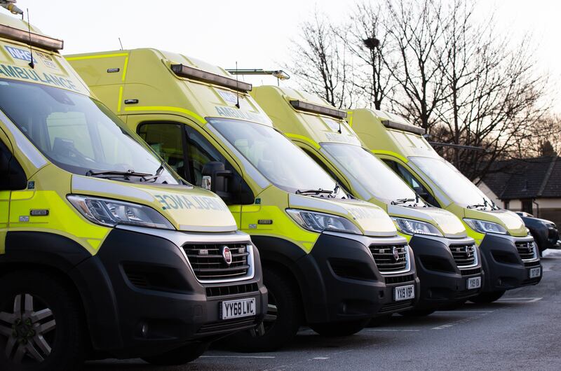 Ambulances lie idle at Huddersfield Ambulance Station. EPA