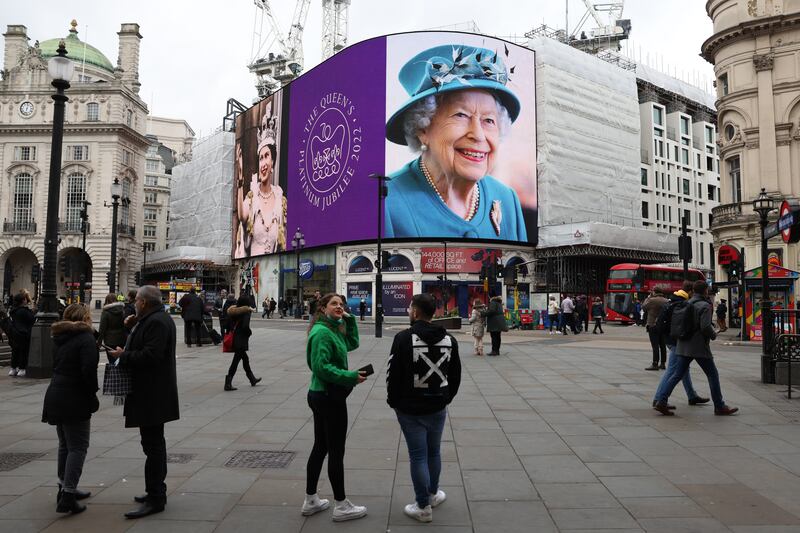 A portrait of the queen is displayed on the large screen at Piccadilly Circus in London to mark the start of the platinum jubilee in February.