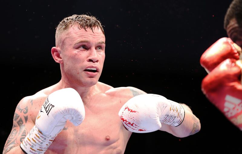 Carl Frampton of Northern Ireland in action against Jamel Herring of the USA during the D4G Promotions' Legacy Fight Night Boxing match in Dubai on April 3, 2021. All photos EPA