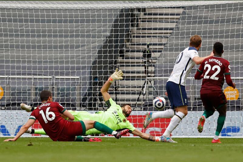 Tottenham striker Harry Kane scores the opening goal on Sunday. AFP