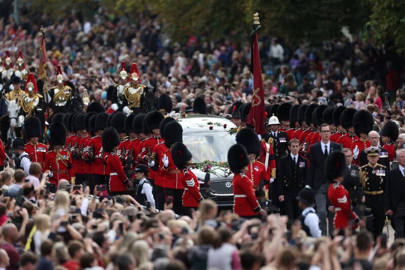 The hearse travels along the Long Walk as it makes its way to Windsor Castle. Reuters