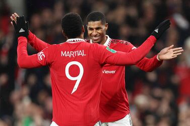 MANCHESTER, ENGLAND - FEBRUARY 01: Anthony Martial celebrates with Marcus Rashford of Manchester United after scoring the team's first goal during the Carabao Cup Semi Final 2nd Leg match between Manchester United and Nottingham Forest at Old Trafford on February 01, 2023 in Manchester, England. (Photo by Catherine Ivill / Getty Images)