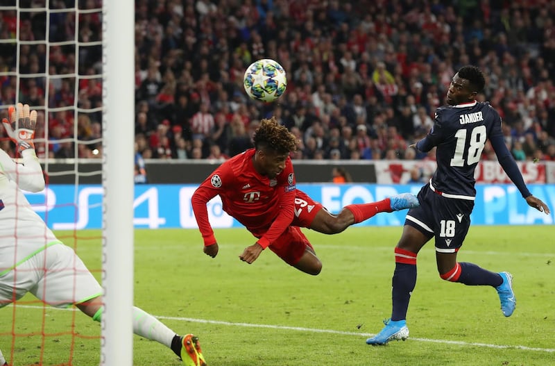 MUNICH, GERMANY - SEPTEMBER 18: Kingsley Coman of FC Bayern Munich scores his team's first goal during the UEFA Champions League group B match between Bayern Muenchen and Crvena Zvezda at Allianz Arena on September 18, 2019 in Munich, Germany. (Photo by Alexander Hassenstein/Bongarts/Getty Images)