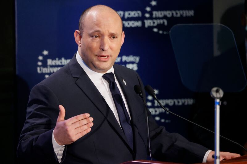 Israel's Prime Minister Naftali Bennett speaks at Reichman University. AFP