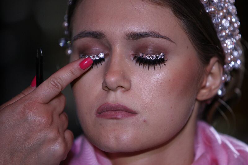 DUBAI , UNITED ARAB EMIRATES Ð April 27 , 2013 : Model getting ready at the backstage for the show of Michael Cinco , fashion designer at Madinat Jumeirah in Dubai. ( Pawan Singh / The National ) For Arts & Life. Story by James Gabrillo

