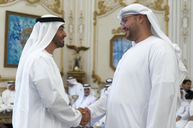 ABU DHABI, UNITED ARAB EMIRATES - October 07, 2019: HH Sheikh Mohamed bin Zayed Al Nahyan, Crown Prince of Abu Dhabi and Deputy Supreme Commander of the UAE Armed Forces (L), receives a participant in the Qudwa Forum (R), during a Sea Palace barza. 


( Rashed Al Mansoori / Ministry of Presidential Affairs )
---