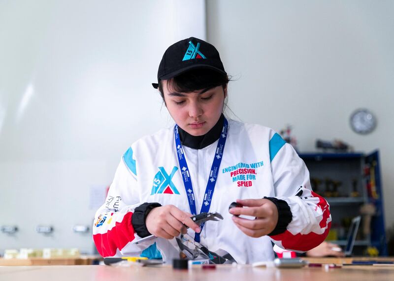 DUBAI, UNITED ARAB EMIRATES. 12 JANURARY 2021. 
Aisyah Torbett (Production Engineer) from GEMS World Academy Dubai’s Rookie Formula 1, Delta X-15 team. (Photo: Reem Mohammed/The National)

Reporter:
Section: