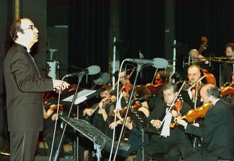Elias Rahbani conducts his orchestra during a concert at the Casino du Liban in 2000. AFP