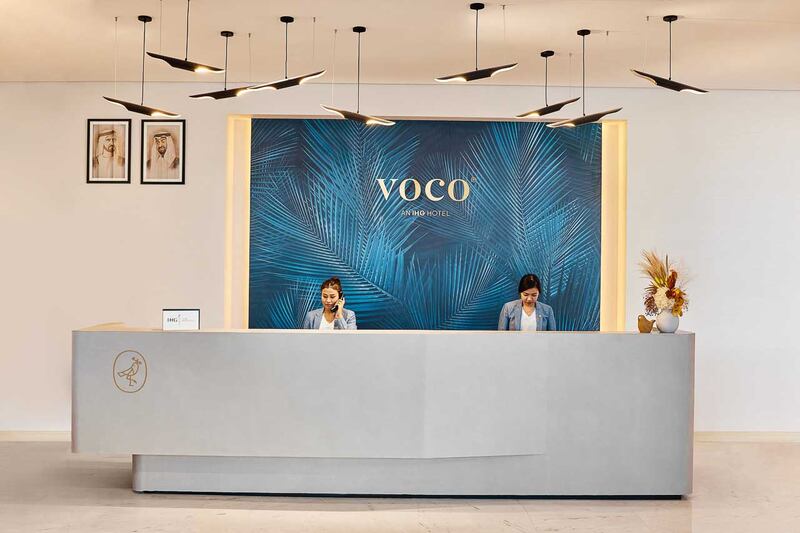 The lobby at voco Dubai The Palm is decorated in pastel colours to match the oceanfront setting. All photos: voco Dubai The Palm