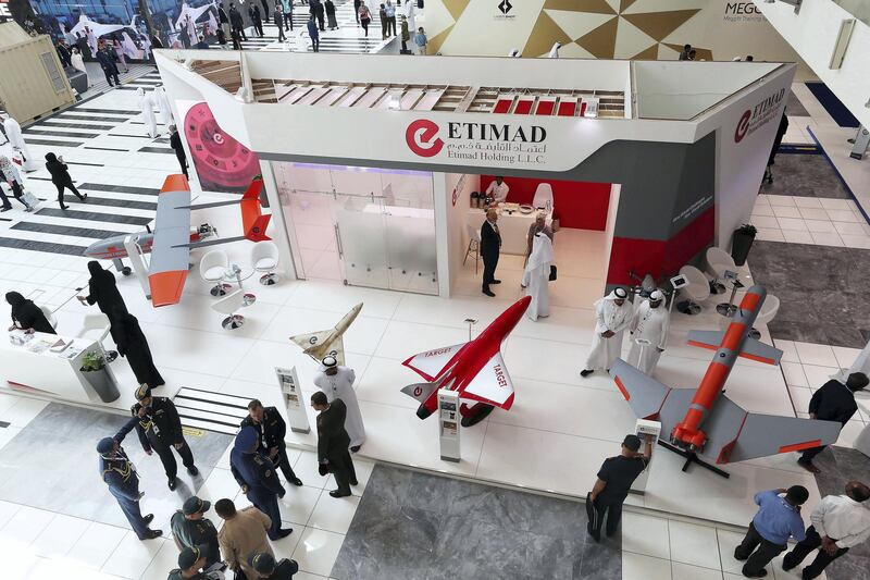 ABU DHABI, UNITED ARAB EMIRATES , Feb 23  – 2020 :- Drones on display at the Etimad stand on the first day of the UMEX & SimTEX held at Abu Dhabi National Exhibitions Centre in Abu Dhabi. (Pawan  Singh / The National) For News/Online/Instagram.  Story by Kelsey Warner 