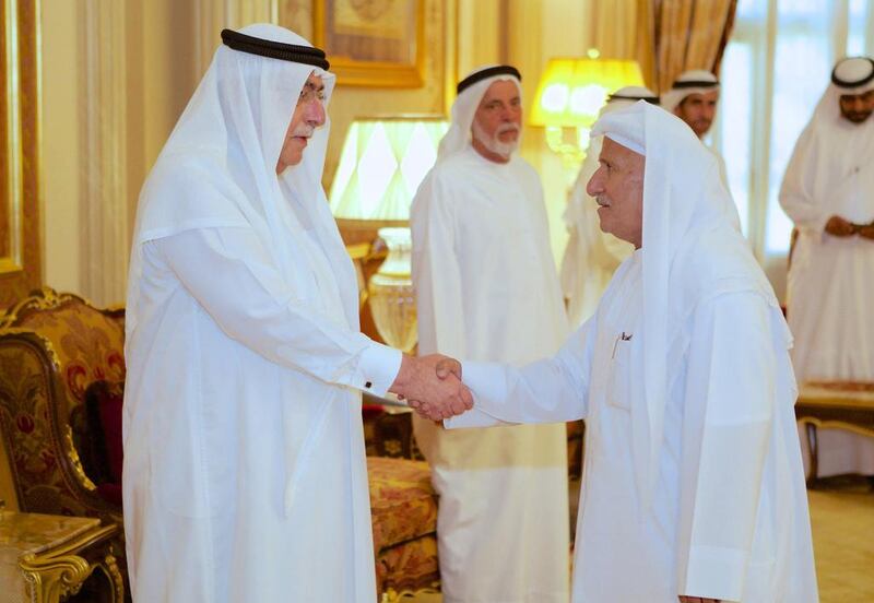 Sheikh Ahmed bin Sultan Al Qasimi receives condolences from mourners for the passing yesterday of Sheikha Alia bint Mohammed Al Qasimi. Wam