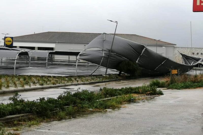 A general view of a parking tent  knocked down by Medicane (Mediterranean hurricane) Ianos on Zakynthos island, Greece.  A rare hurricane-like cyclone in the eastern Mediterranean, a so-called 'Medicane', named Ianos is forecasted to make landfall in Kefalonia, Ithaca and Zakynthos with winds reaching hurricane-force Category 1.  EPA