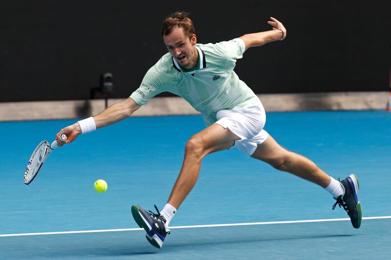 Daniil Medvedev hits a forehand against Henri Laaksonen in Melbourne. AP