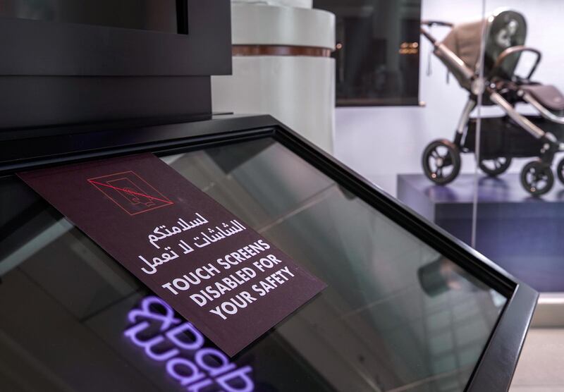Abu Dhabi, United Arab Emirates, May 10, 2020.  
 The reopening of the Al Wahda Mall during the Coronavirus pandemic.  A touch screen disabled sign.
Victor Besa/The National
Section:  NA
Reporter: