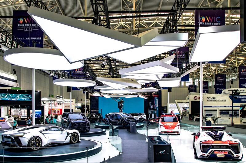 The SuperSport sits onstage alongside other W Motors vehicles at the company's stand at the World Intelligence Congress in China in 2019. Courtesy W Motors