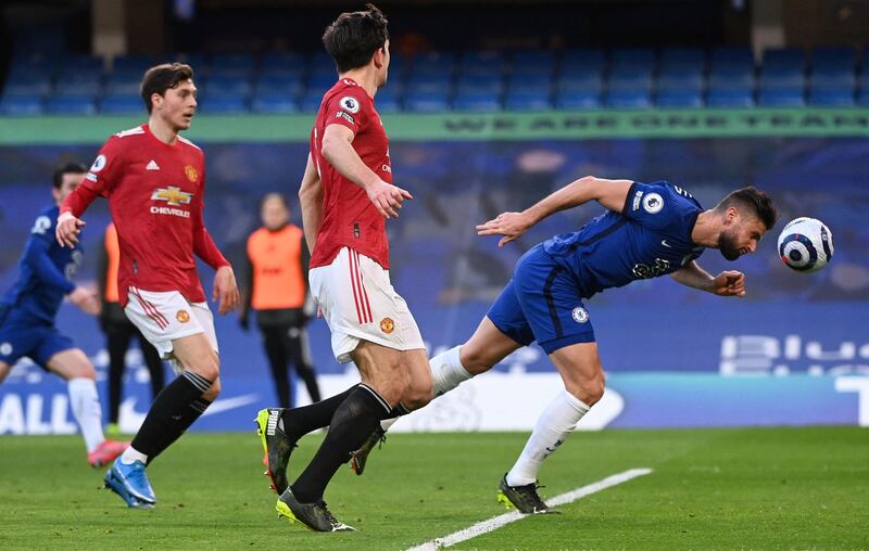 Chelsea striker Olivier Giroud fails to connect with a diving header during the goalless Premier League draw with Manchester United at Stamford Bridge on Sunday, February 28. AFP