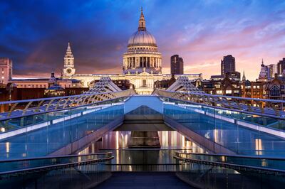 St Paul's Cathedral, Millennium Bridge, Sunrise, London, England. Getty Images