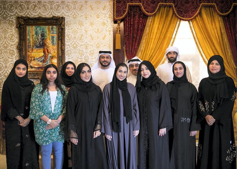 DUBAI, UNITED ARAB EMIRATES. 5 OCTOBER 2020. 
Back row, from left: Badria Al Harmi, Saif Darwish, Mohieddin Al Bastaki. Front row, from left: Aisha Al Harmi, Ghalia Al Harmi, Hamda Darwish, Ward Al Bastaki, Nehal Al Bastaki, Reem Al Bastaki, Azza Al Ghafri.

Dr Saif Darwish and his immediate and extended family are launching  a campaign to support the UAE's organ donor programme. Around 12 members of the family are currently registered as organ donors.
(Photo: Reem Mohammed/The National)

Reporter:
Section: