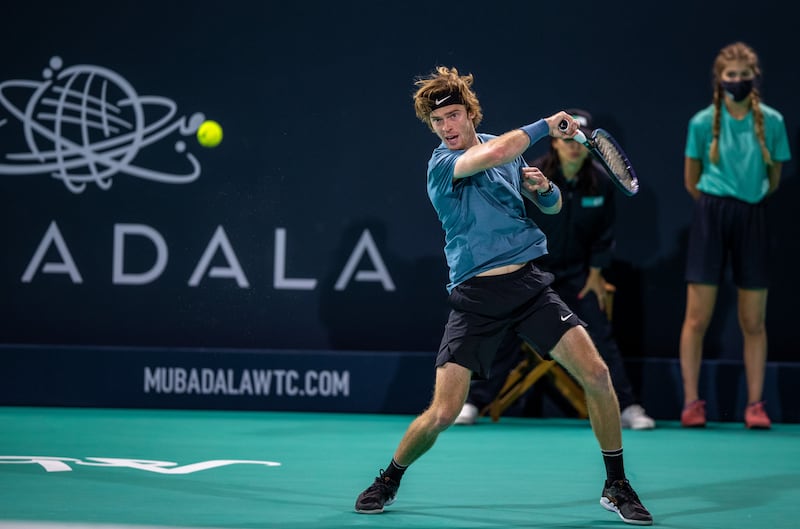 Andrey Rublev hits a return in Abu Dhabi.