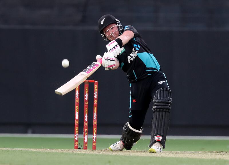 New Zealand's Tim Seifert hits a six during his knock of 55.